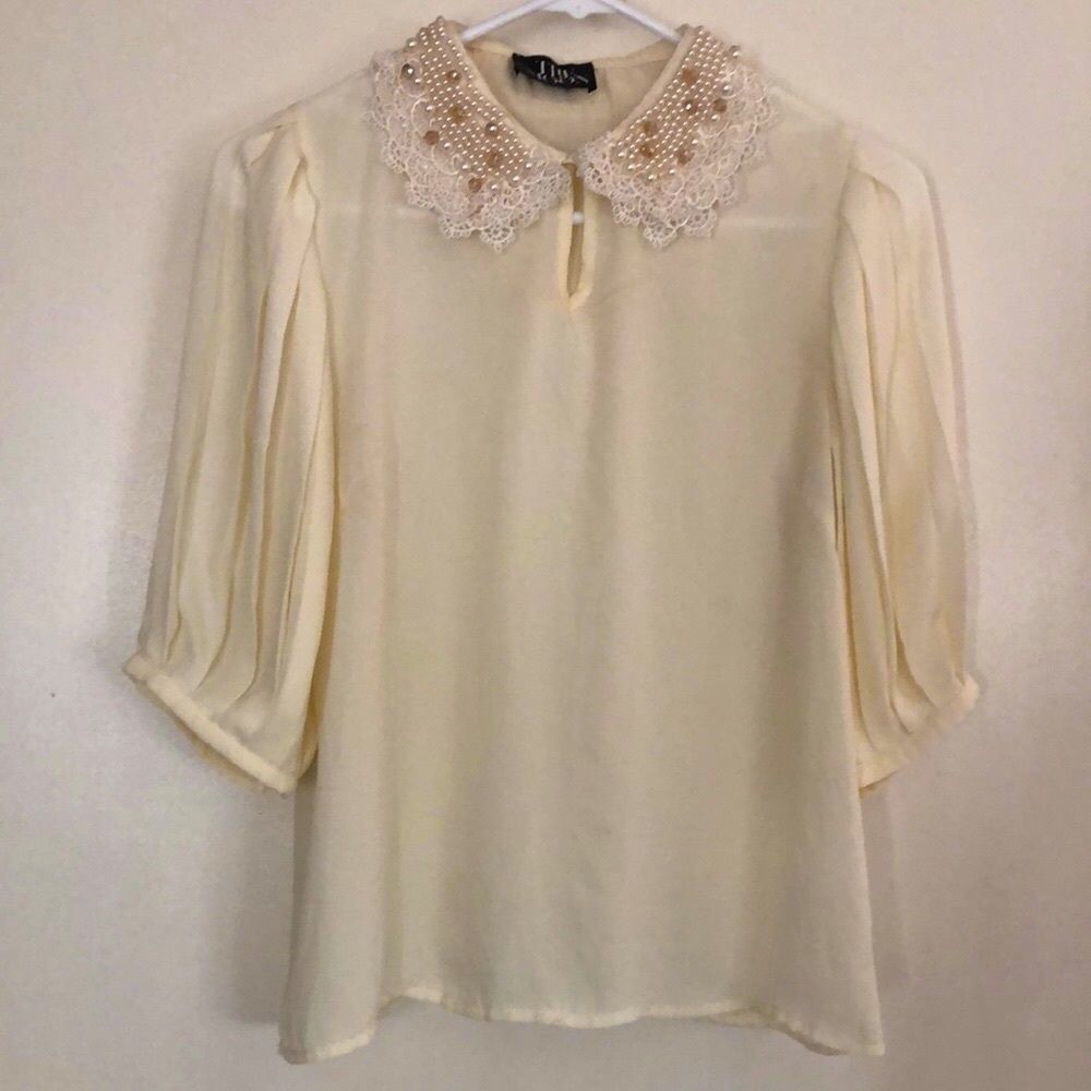 Vintage Ivory Pleated Puff Mid Sleeve Lace/Beaded/Sequined Detailed Collar Sz.Sm